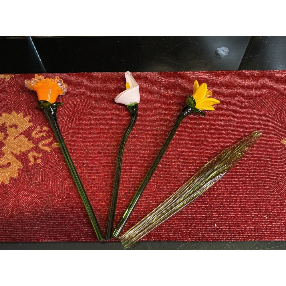 4 Pc VTG Hand Blown Art Glass Flowers 12"  Stem + 1 Leaf Murano Style